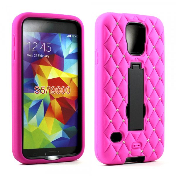 Wholesale Samsung Galaxy S5 Diamond Armor Hybrid Case w Stand (Black Hot Pink)